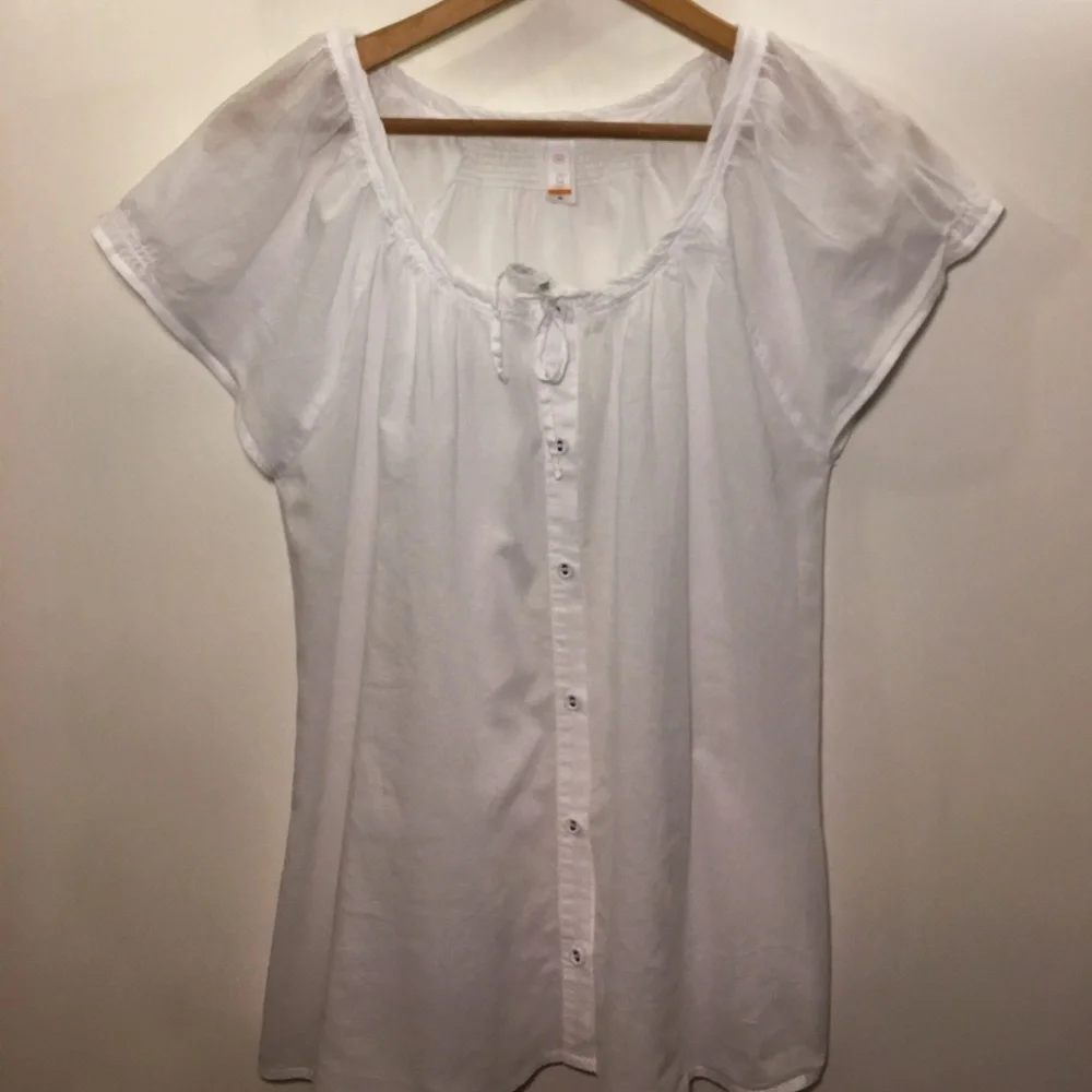 LUCY Button Up Semi Sheer Blouse Drawstring Neck M - Picture 2 of 8